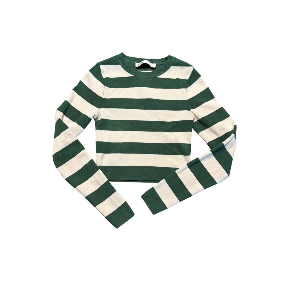 Zara Size Small Women Striped Long Sleeve Crew Neck Crop Top Sweater Green Cream